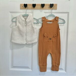 Old Navy White Fleece Vest and H&M Brown Bear Overalls Set for Baby 3 mo